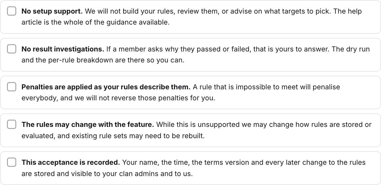 The five statements you tick before advanced rules can be turned on