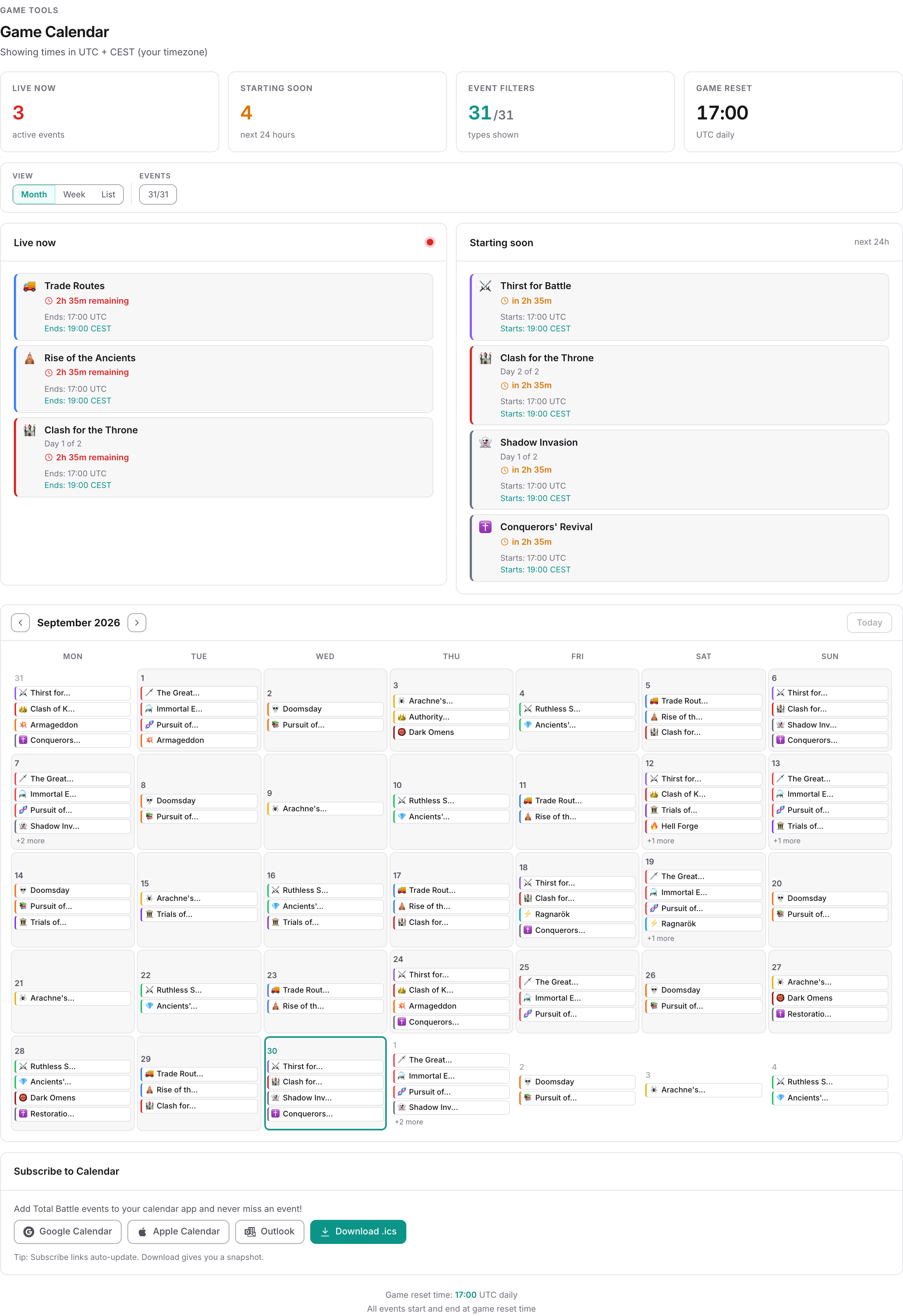 The event calendar, with events laid out across the days they run